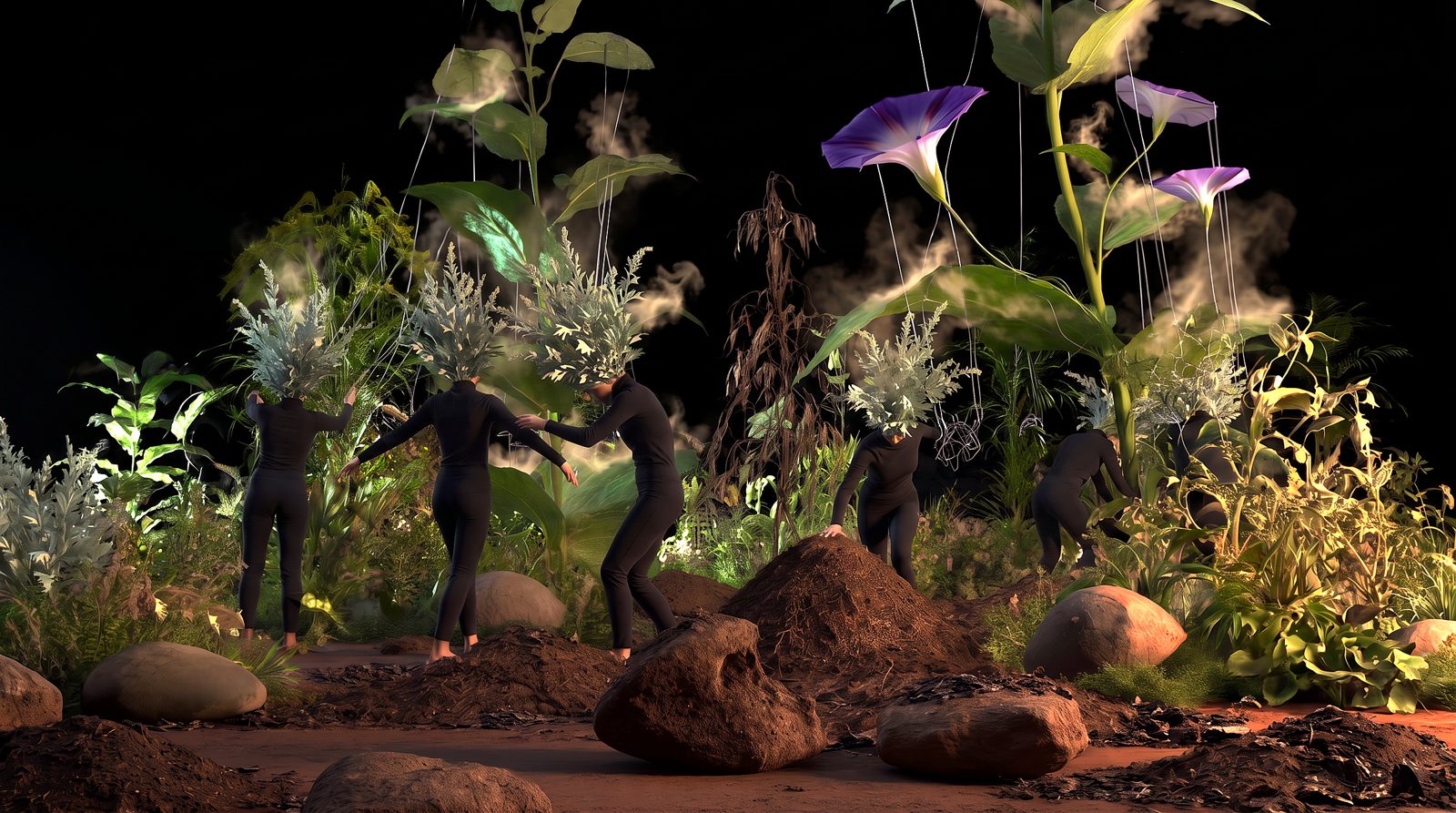 Concept visualisation for Artemisia Noctis: bodies in black bodysuits wearing silvery plant headdresses move through a night garden of oversized night-blooming flowers, earth mounds and stones.