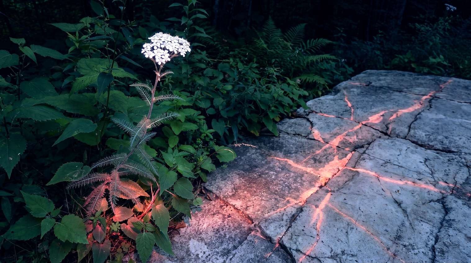 SPOIL — a yarrow plant in flower growing at the edge of a cracked marble slab whose fissures glow red under UV light.